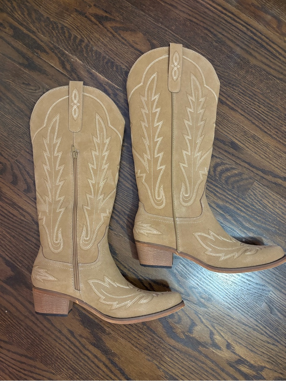 BEIGE EMBROIDERED TALL WESTERN COWGIRL BOOTS WITH SIDE ZIPPER
